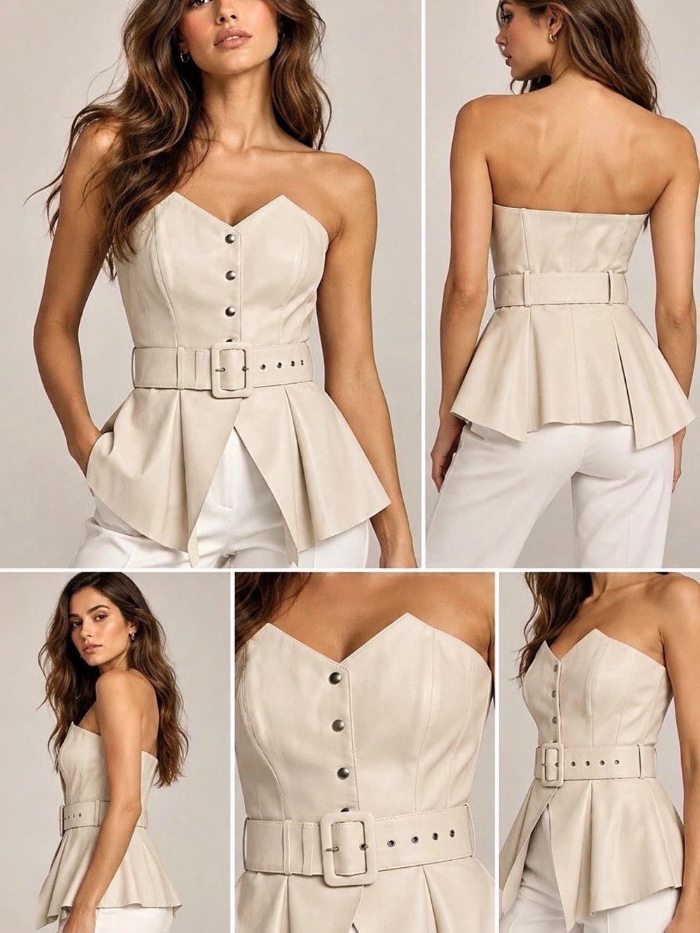 Motrya Ivory Vegan Leather Corset Peplum Top with Belt – Size S